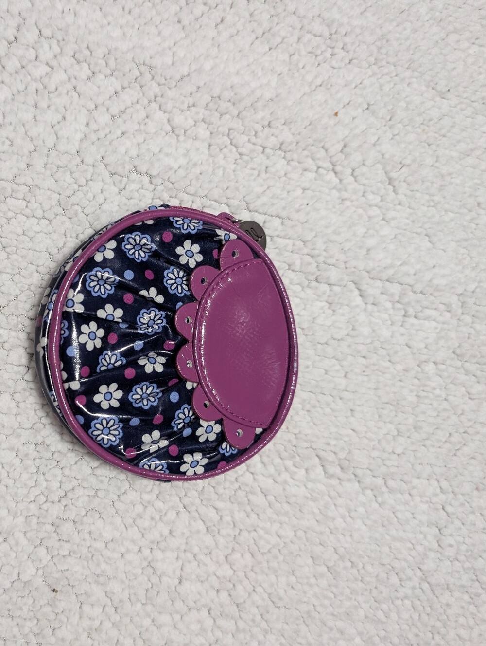 Vera Bradley "Frill" Peek-a-Boo coin purse in the Boysenberry pattern.